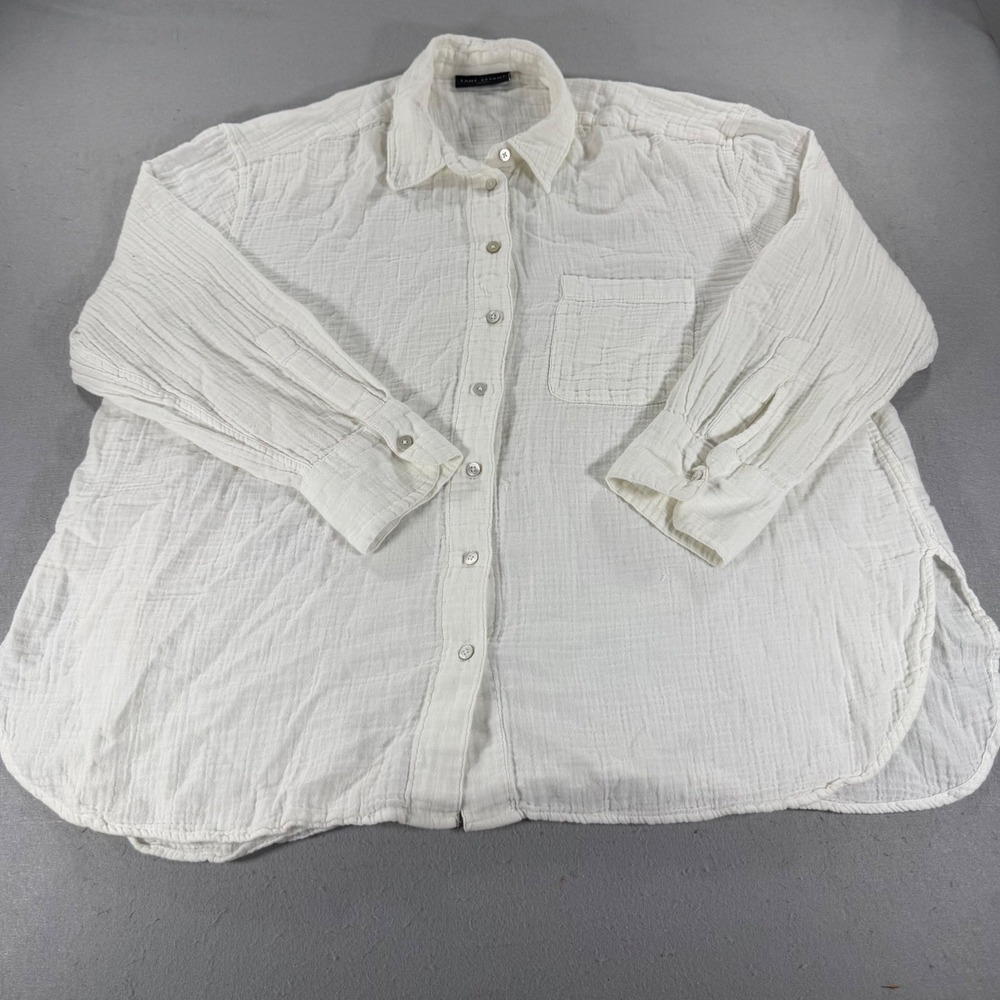 Roark Revival Gauze Button Down Shirt Ivory Cotton Long‎ Sleeve Womens S
